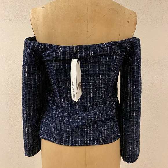 New with tags Zara Blue Tweed Off the Shoulder Top / fitted / size XS - Picture 4 of 5
